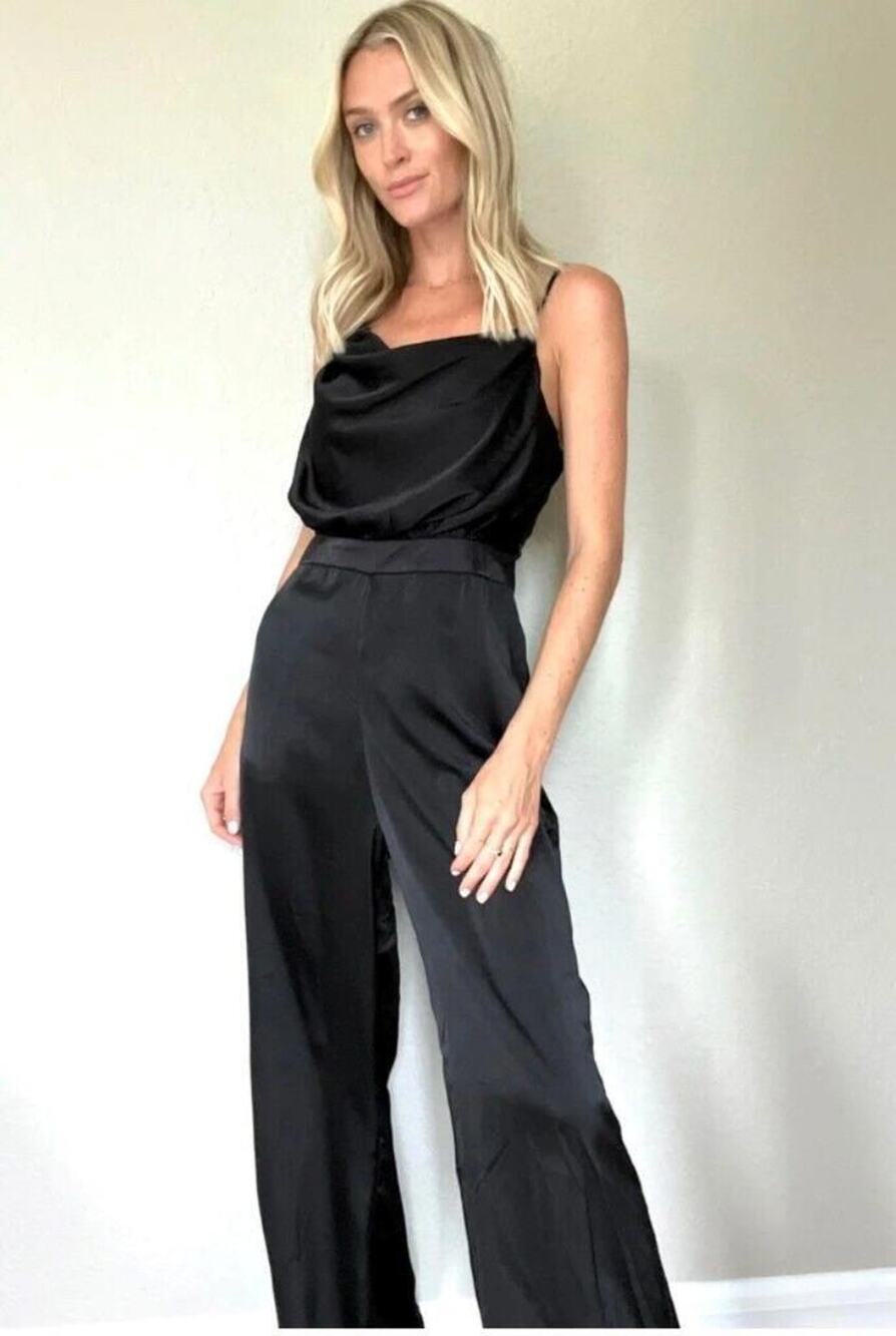 SIX/FIFTY Women's Stepping Into Style Satin Jumpsuit Black GY1356 NEW ~ Size L
